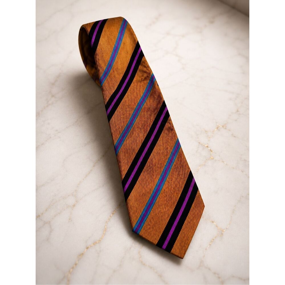 Bijan Silk Repp Stripe Tie Gold Orange Purple Blue Luxury Designer Necktie Made